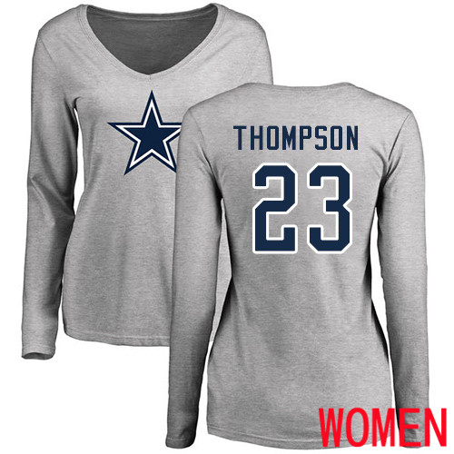 Women Dallas Cowboys Ash Darian Thompson Name and Number Logo Slim Fit #23 Long Sleeve Nike NFL T Shirt->women nfl jersey->Women Jersey